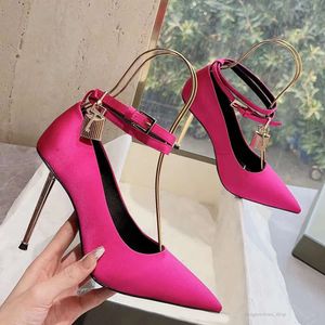Fashionable Brand Dress Shoes Gold Lock Decoration Women Sandal Casual Leather 10CM High Heel Party Ankle Straps Buckle Genuine Classic Designer Pumps