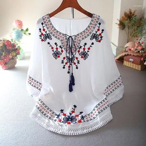 Casual Dresses Summer Dress 2024 Fashion Floral Embroidery Women White Batwing O-Neck Bohemian Boho Vestidos kläder