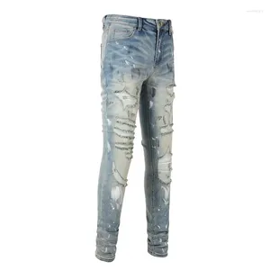 Mäns jeans säljer EU Streetwear Young Slim Fit förstörda hål ljusblå stretch skrapade italienska dropp