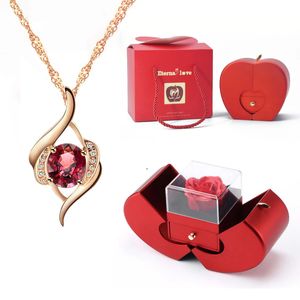 Luxo vermelho zircão pingente colar com caixa de presente moda jóias para mulheres namorada romântico presentes de natal 240118