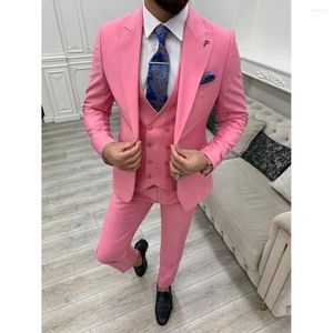 Ternos masculinos rosa para homens, conjunto completo de casamento, lapela repicada, blazer de luxo, 3 peças, jaqueta, calças, colete, traje slim fit