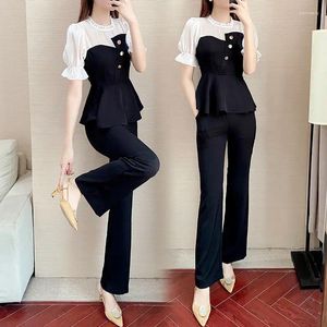 Kvinnors tvåbitar byxor 2024 Summer Suit Women Patchwork Chiffon Slim Pantsuits Fashion Office Lady Lace O-Neck Top 2 Set Outfits