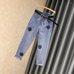 Jeans da donna Pipa ricamata e capris Pantaloni corti Vita alta S con tasche Pantaloni da donna Blu 2024 Stile coreano Z