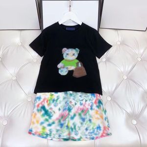 Hot selling high-end children western-style teddy bear letter printed short sleeved shorts set two-piece fashion label for boys and girls