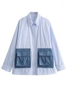 Blusas femininas moda camisa lapela único breasted manga longa azul branco listrado retalhos bolsos blusa primavera 2024 7ab3354