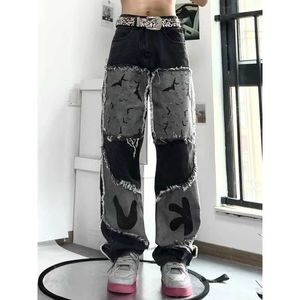 Męskie dżinsy High Street Hiphop prosta noga dla mężczyzn i kobiet Slim Cool Vibe Loose Brimmed Long Pants Trendy Brand