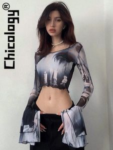 Women's T Shirts Chicology 2024 Women Printed O Neck Pullover Long Flared Sleeve Casual Crop Top Y2K Clothing Summer Holiday Streetwear