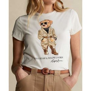 Damen-T-Shirt für den Sommer, kleiner Bär, reine Baumwolle, bedruckt, Rundhalsausschnitt, kurze Ärmel, Cartoon-Muster, mit trendigem Marken-T-Shirt