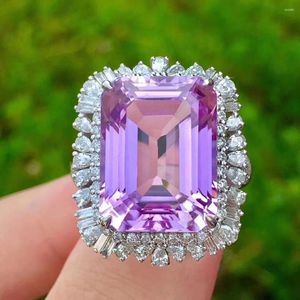 Cluster-Ringe, schicker quadratischer großer lila Kristall, Amethyst-Edelsteine, Diamanten für Frauen, 18 Karat Weißgold gefüllt, Schmuck, Bague-Geschenke, Accessoires