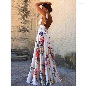 Casual Dresses Floral Print Vintage Dress Women Summer Sleeveless V-Neck Backless Long Maxi Party Evening Beach Boho