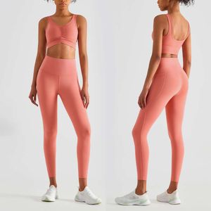 Lu Align Lu Pant Йога Спорт Плиссированные Роскошные Новое поступление Спортивный комплект Бюстгальтер с высокой поддержкой и леггинсы со средней талией Боковой карман Фитнес Женская одежда LL Lemon