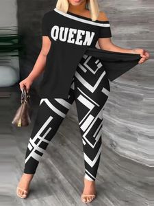 Plus Size Casual Outfits Two Piece Set Womens Plus Print One Shoulder Split Hem Medium Stretch Top Leggings Outfits 2 Piece 240130