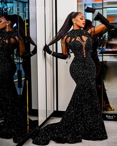 2024 ASO EBI Black Mermaid Prom Dress Pärled Crystals High Split Evening Formal Party Second Reception Födelsedagsengagemang Klänningar Klänningar Robe de Soiree ZJ106