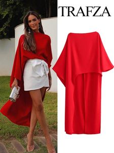 Trafza Autumn Womens Asymmetric Cape Style Red Satin Shirt Fashionable Round Neck Casual Holiday 240130