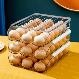 Держатель для яиц, большая емкость, 36 контейнеров для холодильника, 3-слойный штабелируемый лоток, кухонный автоматический передвижной ящик для хранения 240125