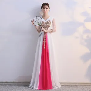 エスニック服Qipao女性長イブニングパーティードレスエレガントなクラシックな合唱パフォーマンスコスチュー