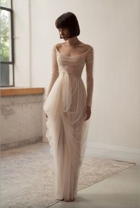 Abiti da sposa modesti in tulle A Line Abiti da sposa eleganti Ruffle per le donne Al largo della spalla Abiti da ricevimento da sposa senza schienale Robe de mariee