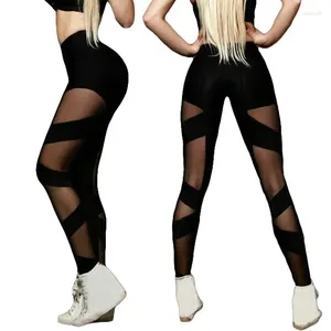 Women's Leggings High Waist Women Mesh Stitching Cross Sports Pants Sexy See-Through Yoga Elastic Dance Nightclub