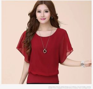 Nowe damskie szczyty moda kobiety letnia bluzka szyfonowa plus cuffle batwing krótkie rękawowe koszulę czarny biały czerwony niebieski