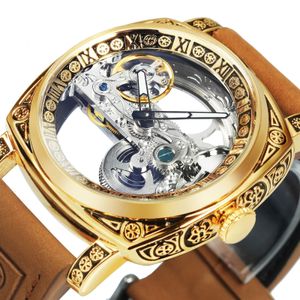 Forsining relógio mecânico quadrado de luxo, retrô gravado, ponte dourada, esqueleto, automático, masculino, pulseira de couro genuíno, brilho 240123