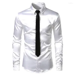 Men's Casual Shirts 2 Pieces (Shirt Tie) White Silk Satin Dress Slim Fit Long Sleeve Button Down Shirt Male Wedding Party Prom