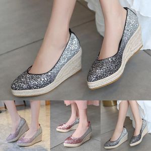 Sandaler Fashion Sequined High Heel Espadrilles Shoes Pumpar glider på för Wedge Platform Women Clear