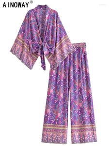 Zweiteilige Damenhose, Vintage-Chic, Damen-Outfits mit lila Blumendruck, kurze Kimono-Robe, böhmische Anzüge, weites Bein, 2-teilige Rayon-Boho-Sets