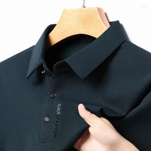 Polos masculinos 2024 outono lapela camisa polo de alta qualidade elástico negócios casual topo masculino clássico confortável magro de mangas compridas