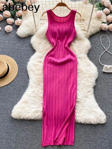 Sunglasses Summer Knit Sexy Strap Dress Women Tank Elatic Waist Bodycon Sundress Female Beach Split Backless Long