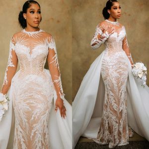 2024 Arabo Aso Ebi Plus Size Illusion Sirena Avorio Abito da sposa In rilievo Paillettes Abiti da sposa in pizzo Abiti ZJ033