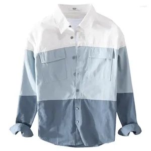 Freizeithemden für Herren, japanische Farbkombination, gestreifte Tasche, Arbeitsanzug, langärmeliges Hemd für Frühling und Herbst, lockere Passform
