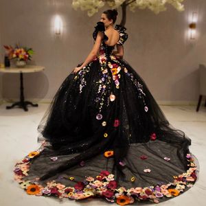 Svart quinceanera klänningar bollklänning ruffles strass applique pärlor blommor tull domstol tågrockar de soiree skräddarsydda vestidos de 15