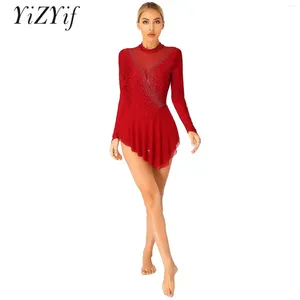 Stage Wear Women Girls Figure Skating Dress Mesh Patchwork Glitter Rhinestone Ballet Leotard Irregular Hem Dance Performance Costume