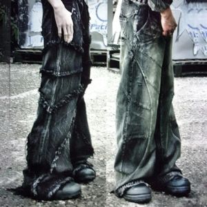 Y2K Tassel Jeans Mens Black Grey Washed Jeans Gothic Style Street Trend Teen Clotho Retro Loose Wide Ben Pants 240127