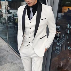 Ternos masculinos elegantes homens magros branco conjunto completo preto xale lapela fino ajuste 3 peça jaqueta calças colete formal negócios roupas de luxo