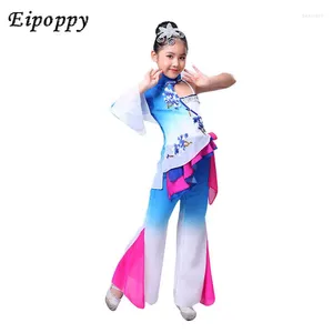 Palco desgaste crianças trajes de dança clássica guarda-chuva chuva flor ventilador étnico yangko meninas desempenho roupas