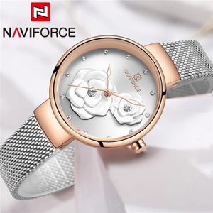 Naviforce Women Watch Top Brand Luxury Silver Rose Lose Gold Ladies Mesh Stainless Steel Bracelet Flower Feamle Clock 5013 240202