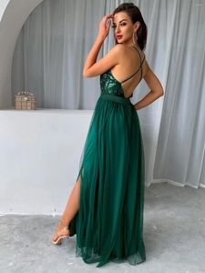 Casual Dresses 2024 Mesh Sequins V-Neck Dress Women Cocktail Party Backless Summer Maxi Long Bodycon Elegant