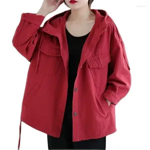 Jaquetas femininas 2024 primavera outono roupas retro moda vermelho preto casaco com capuz cordão casual camisa fina jaqueta feminina outerwear topos