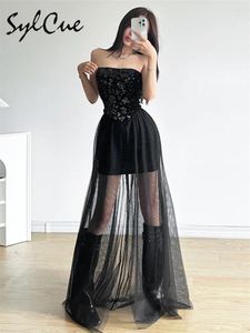 Casual Dresses Sylcue 2024 Winter Sisters Party Black Mysterious Sexy Charming Beautiful Elegant Mature Women's Chest Wrap Tulle Pleated