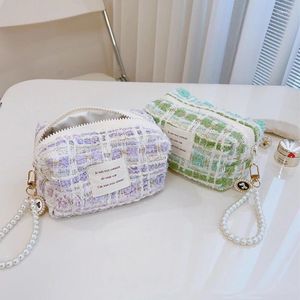 Borse per cosmetici Borsa quadrata piccola con griglia per mille uccelli Borsa da donna Borsa da viaggio portatile per trucco elegante di grande capacità