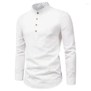 Abbigliamento etnico 2024 Camicetta a maniche lunghe in lino di cotone autunno da uomo Camicia con colletto alla coreana tinta unita Moda attillata