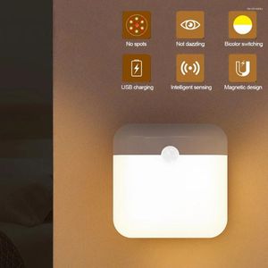 Nattlampor rörelse sensor led ljus USB laddning fyrkantig lampa för sovrum kök trapphall garderobsskåp belysning