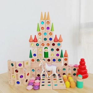 木製のおもちゃの宝石ブロックレインボースタッキングビルディングブロックおもちゃ天然木材ブロックキッズブロック教育
