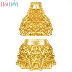 Stage Wear Kids Girls Shiny Sequins Modern Jazz Latin Ballet Dance Costume Halter Crop Top With Shorty Unitard Skirts Performance Dancewear