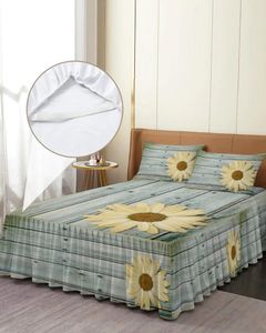 Sängkjol Vintage träkorn Daisy Flower Elastic Fitted Bed Stead med kuddväskor Madrass Cover Bedding Set Sheet