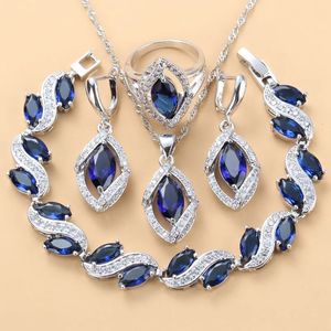 925 mark prata cor vestido de casamento acessórios feminino colar de noiva e brincos conjuntos de jóias zircão azul pulseira anel conjuntos 240118