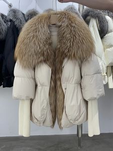 Winter Women Puffer Coat Large Real Fox Fur Collar Thick Luxury Parkas Outerwear Female 90% White Duck Down Jacket 240124