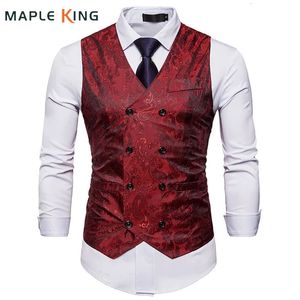 Män dubbelbröst klänningsvästar Chaleco ärmlös Gilet Slim Printed Waistcoat Suit Hombre för festbröllop 240119