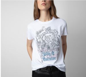 新しい夏Zadig Voltaire Women'sTシャツZVクラシックレターギルディングTシャツホットダイヤモンドウォッシュ炒め揚げ揚げ綿スリムフィットティーガールズコットンTシャツトップ